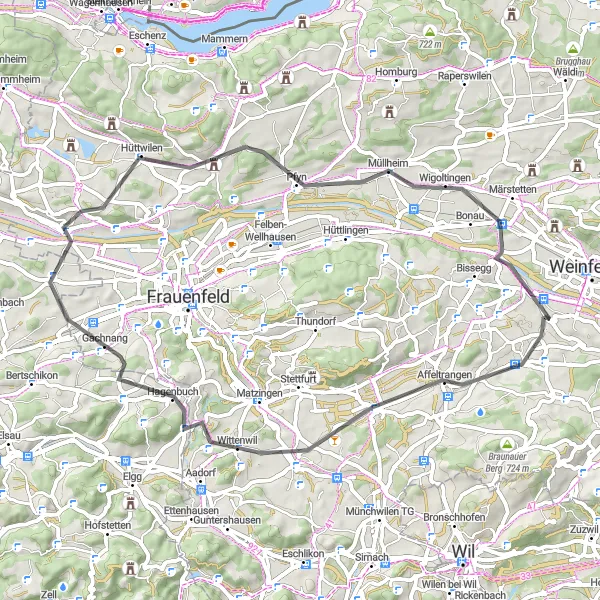 Miniatuurkaart van de fietsinspiratie "Rondrit van Weinfelden naar Affeltrangen en terug" in Ostschweiz, Switzerland. Gemaakt door de Tarmacs.app fietsrouteplanner