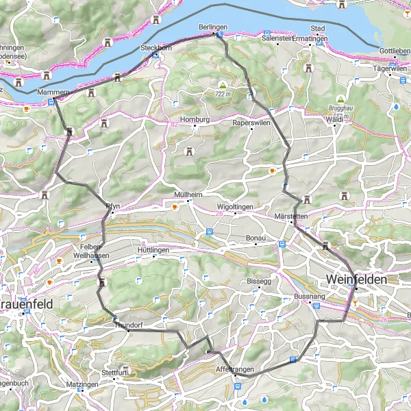 Zemljevid v pomanjšavi "Weinfelden - Mammern - Fischbach - Märstetten - Bussnang - Thundorf - Steinerner Tisch - Weinfelden" kolesarske inspiracije v Ostschweiz, Switzerland. Generirano z načrtovalcem kolesarskih poti Tarmacs.app
