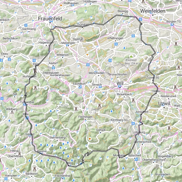 Miniature de la carte de l'inspiration cycliste "Boucle routière de Weinfelden à Stählibuckturm" dans la Ostschweiz, Switzerland. Générée par le planificateur d'itinéraire cycliste Tarmacs.app
