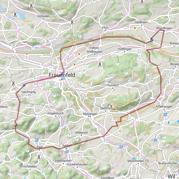 Kartminiatyr av "Lantliga charm i Frauenfeld" cykelinspiration i Ostschweiz, Switzerland. Genererad av Tarmacs.app cykelruttplanerare