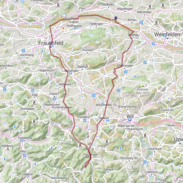 Miniaturní mapa "Gravel cyklotrasa Wigoltingen - Eschikofen" inspirace pro cyklisty v oblasti Ostschweiz, Switzerland. Vytvořeno pomocí plánovače tras Tarmacs.app