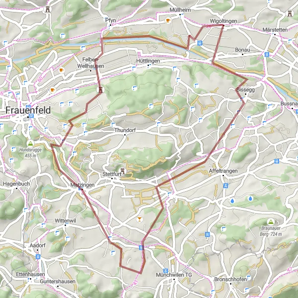 Miniatua del mapa de inspiración ciclista "Ruta de ciclismo de grava por los alrededores de Wigoltingen" en Ostschweiz, Switzerland. Generado por Tarmacs.app planificador de rutas ciclistas