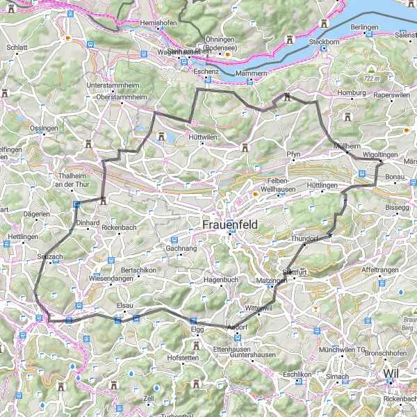 Zemljevid v pomanjšavi "Čarobne poti vzhodne Švice" kolesarske inspiracije v Ostschweiz, Switzerland. Generirano z načrtovalcem kolesarskih poti Tarmacs.app