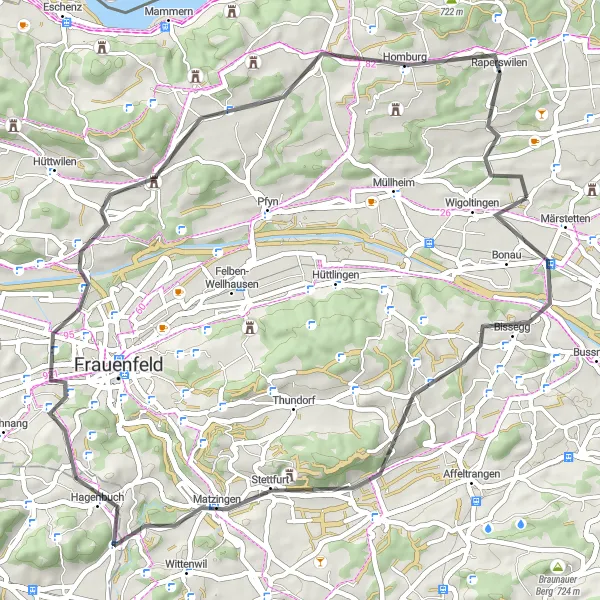 Zemljevid v pomanjšavi "Raziščite skrite kotičke vzhodne Švice" kolesarske inspiracije v Ostschweiz, Switzerland. Generirano z načrtovalcem kolesarskih poti Tarmacs.app