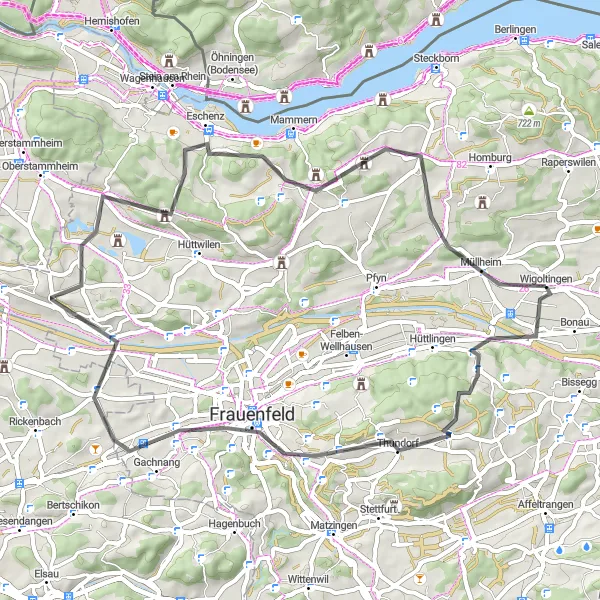 Kartminiatyr av "Fjellrike baner fra Wigoltingen" sykkelinspirasjon i Ostschweiz, Switzerland. Generert av Tarmacs.app sykkelrutoplanlegger