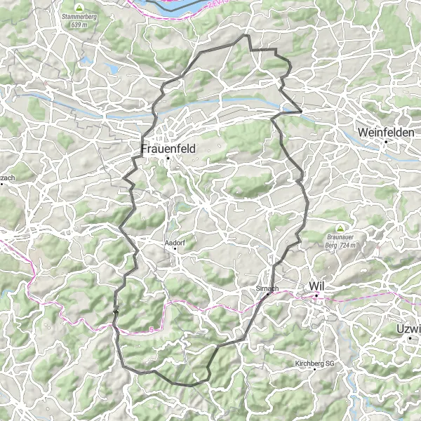Miniatuurkaart van de fietsinspiratie "Wigoltingen - Affeltrangen - Jubla Turm Sirnach - Sirnach - Roopelbööl - Wila - Elgg - Gachnang - Luegi - Langenhart" in Ostschweiz, Switzerland. Gemaakt door de Tarmacs.app fietsrouteplanner