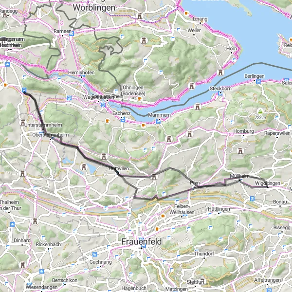 Zemljevid v pomanjšavi "Kolesarska pot Hüttwilen - Nussbaumen TG" kolesarske inspiracije v Ostschweiz, Switzerland. Generirano z načrtovalcem kolesarskih poti Tarmacs.app