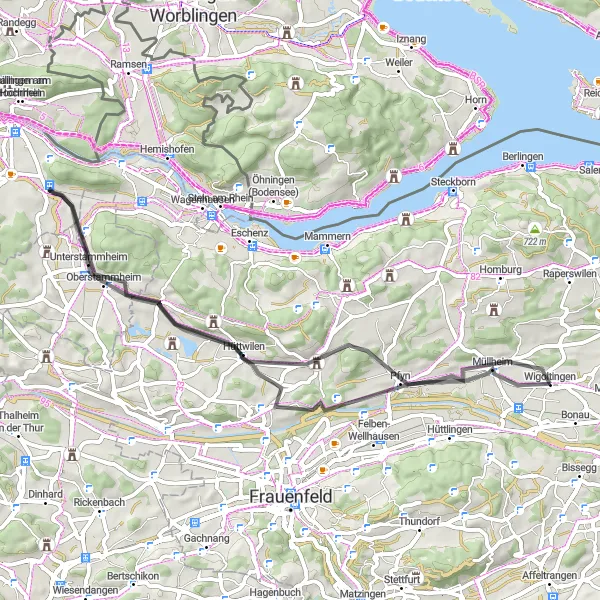 Miniaturní mapa "Koloběžka kolem Wigoltingen do Nussbaumen TG" inspirace pro cyklisty v oblasti Ostschweiz, Switzerland. Vytvořeno pomocí plánovače tras Tarmacs.app