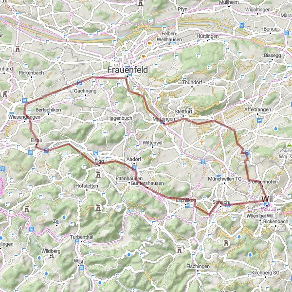 Karttaminiaatyyri "Wil Jubla Turm Sirnach Polku" pyöräilyinspiraatiosta alueella Ostschweiz, Switzerland. Luotu Tarmacs.app pyöräilyreittisuunnittelijalla