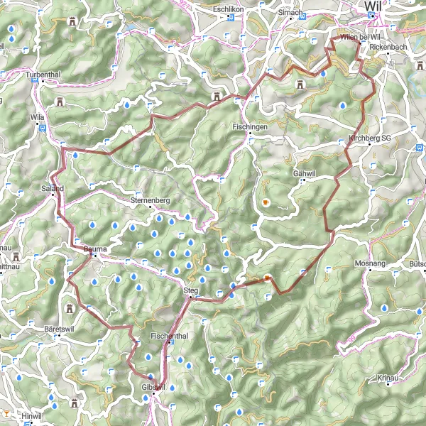 Miniatura della mappa di ispirazione al ciclismo "Tour in bici da Kirchberg SG a Busswil TG" nella regione di Ostschweiz, Switzerland. Generata da Tarmacs.app, pianificatore di rotte ciclistiche