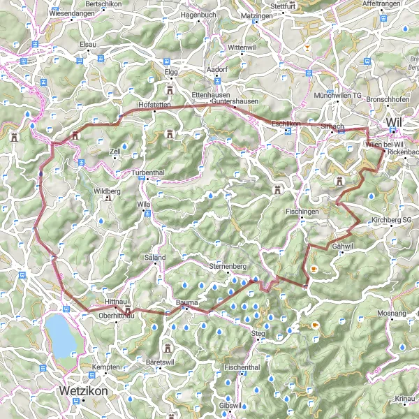 Miniatura della mappa di ispirazione al ciclismo "Avventura tra Montagne e Colline" nella regione di Ostschweiz, Switzerland. Generata da Tarmacs.app, pianificatore di rotte ciclistiche