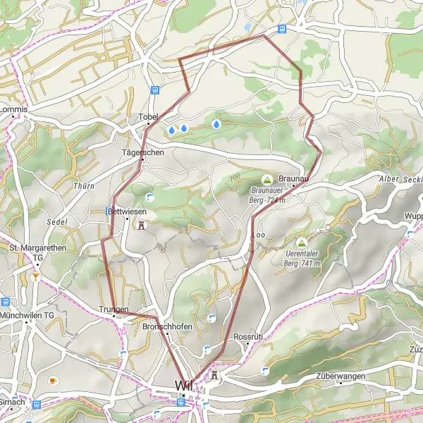 Miniatua del mapa de inspiración ciclista "Ruta de Grava en Wil" en Ostschweiz, Switzerland. Generado por Tarmacs.app planificador de rutas ciclistas