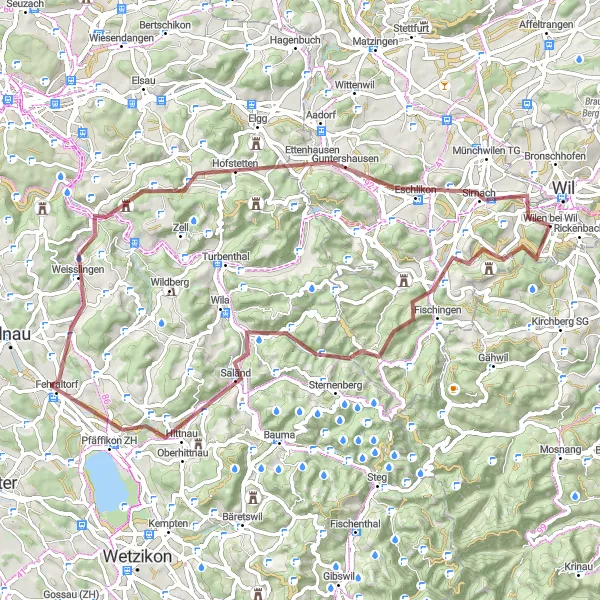 Miniaturekort af cykelinspirationen "Udfordrende grusvej rute til Eschlikon" i Ostschweiz, Switzerland. Genereret af Tarmacs.app cykelruteplanlægger