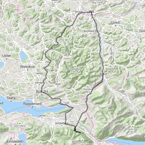Miniatuurkaart van de fietsinspiratie "Historische kastelen en betoverende dorpen" in Ostschweiz, Switzerland. Gemaakt door de Tarmacs.app fietsrouteplanner