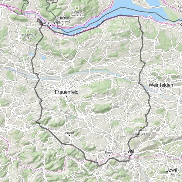 Miniatua del mapa de inspiración ciclista "Ruta en carretera de Sirnach a Bussnang" en Ostschweiz, Switzerland. Generado por Tarmacs.app planificador de rutas ciclistas