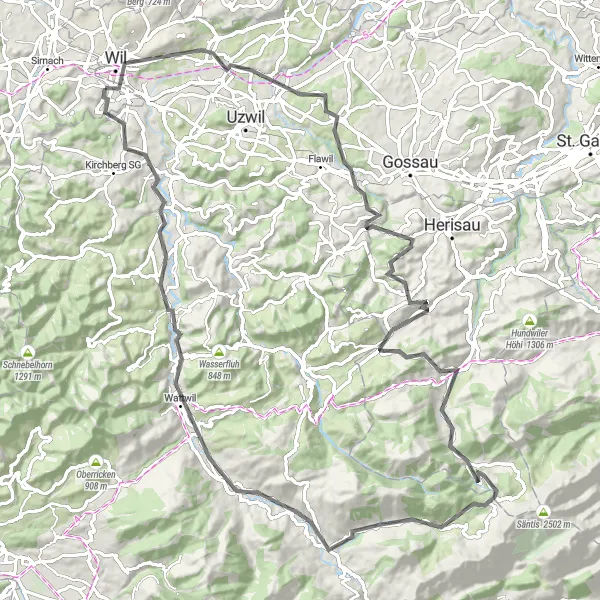 Kartminiatyr av "Wil - Lichtensteig - Wil" sykkelinspirasjon i Ostschweiz, Switzerland. Generert av Tarmacs.app sykkelrutoplanlegger
