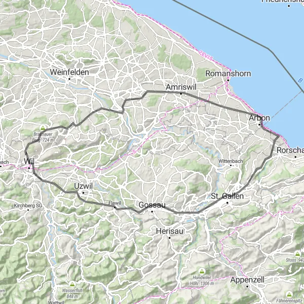 Miniatua del mapa de inspiración ciclista "Ruta en Carretera por Ostschweiz" en Ostschweiz, Switzerland. Generado por Tarmacs.app planificador de rutas ciclistas