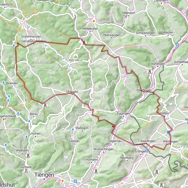 Miniatua del mapa de inspiración ciclista "Ruta de Grava de Trasadingen a Hallau" en Ostschweiz, Switzerland. Generado por Tarmacs.app planificador de rutas ciclistas