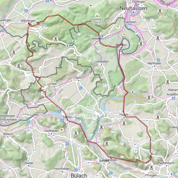 Zemljevid v pomanjšavi "Gravel okoli Wilchingena" kolesarske inspiracije v Ostschweiz, Switzerland. Generirano z načrtovalcem kolesarskih poti Tarmacs.app