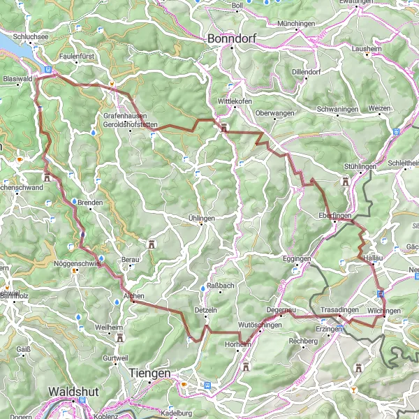 Zemljevid v pomanjšavi "Razburljiva gravel vožnja blizu Wilchingena" kolesarske inspiracije v Ostschweiz, Switzerland. Generirano z načrtovalcem kolesarskih poti Tarmacs.app