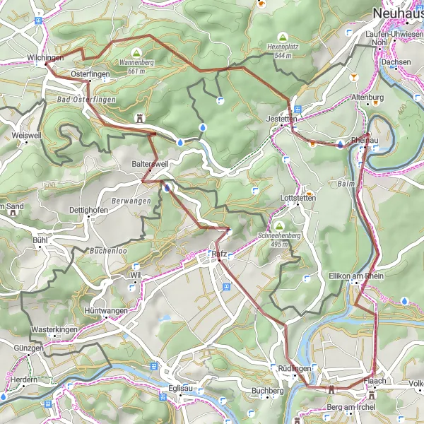 Map miniature of "Scenic Gravel Trail to Osterfingen" cycling inspiration in Ostschweiz, Switzerland. Generated by Tarmacs.app cycling route planner