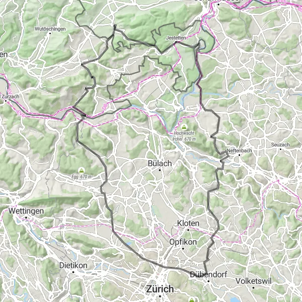 Miniatua del mapa de inspiración ciclista "Ruta de Carretera de Jestetten a Weisweil Ort" en Ostschweiz, Switzerland. Generado por Tarmacs.app planificador de rutas ciclistas