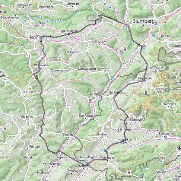 Map miniature of "Wilchingen to Neunkirch" cycling inspiration in Ostschweiz, Switzerland. Generated by Tarmacs.app cycling route planner