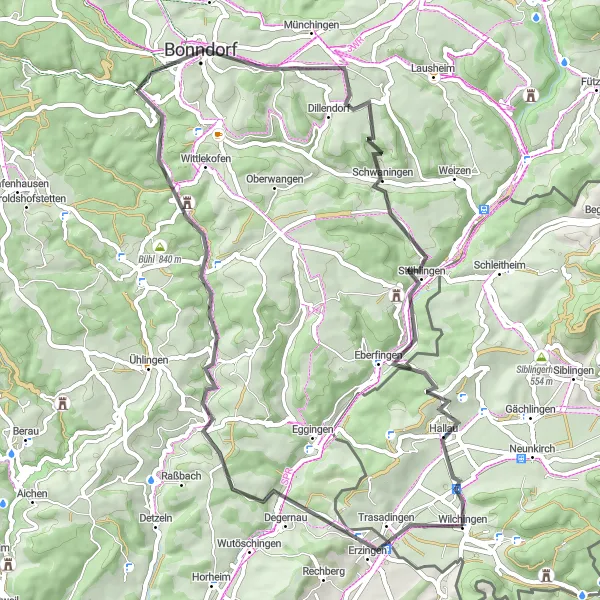 Map miniature of "Wilchingen to Hallau" cycling inspiration in Ostschweiz, Switzerland. Generated by Tarmacs.app cycling route planner