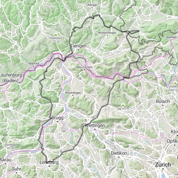 Miniatua del mapa de inspiración ciclista "Ruta de Carretera a través de Baden y Koblenz" en Ostschweiz, Switzerland. Generado por Tarmacs.app planificador de rutas ciclistas