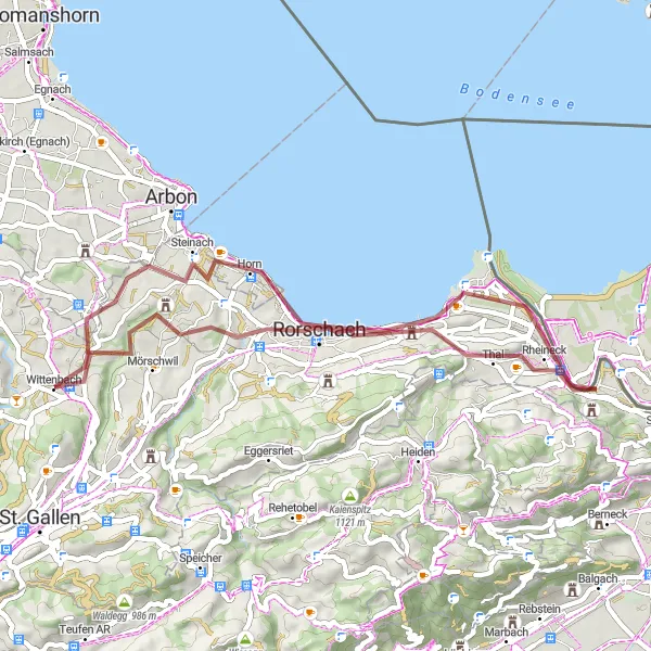 Kartminiatyr av "Grusvei eventyr rundt Wittenbach" sykkelinspirasjon i Ostschweiz, Switzerland. Generert av Tarmacs.app sykkelrutoplanlegger