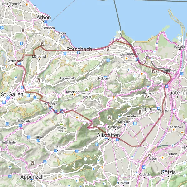Miniatura mapy "Eksploracja malowniczych terenów i widoków na Jezioro Bodeńskie" - trasy rowerowej w Ostschweiz, Switzerland. Wygenerowane przez planer tras rowerowych Tarmacs.app