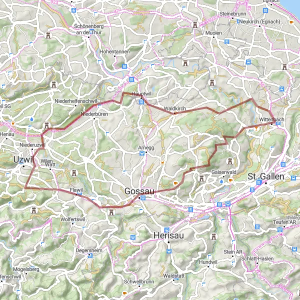 Map miniature of "Rolling Hills Gravel" cycling inspiration in Ostschweiz, Switzerland. Generated by Tarmacs.app cycling route planner