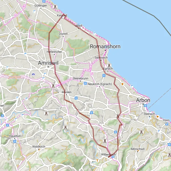 Kartminiatyr av "Grusvägar i Ostschweiz" cykelinspiration i Ostschweiz, Switzerland. Genererad av Tarmacs.app cykelruttplanerare