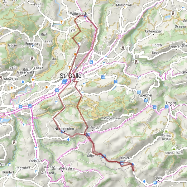 Mapa miniatúra "Gravelová trasa Riethüsli - St. Fiden" cyklistická inšpirácia v Ostschweiz, Switzerland. Vygenerované cyklistickým plánovačom trás Tarmacs.app