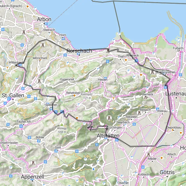 Mapa miniatúra "Okruh cez St. Margrethen" cyklistická inšpirácia v Ostschweiz, Switzerland. Vygenerované cyklistickým plánovačom trás Tarmacs.app