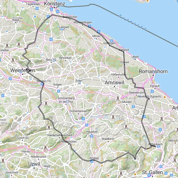 Zemljevid v pomanjšavi "Raziskovalna kolesarska avantura" kolesarske inspiracije v Ostschweiz, Switzerland. Generirano z načrtovalcem kolesarskih poti Tarmacs.app