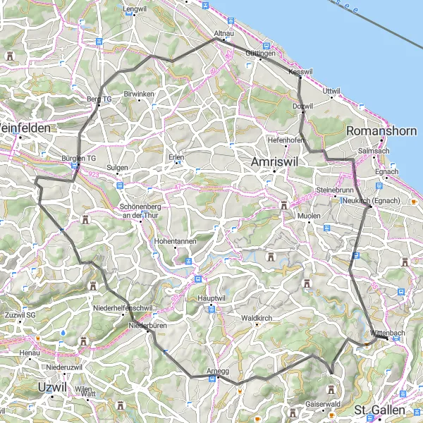 Map miniature of "Swiss Countryside Ride" cycling inspiration in Ostschweiz, Switzerland. Generated by Tarmacs.app cycling route planner