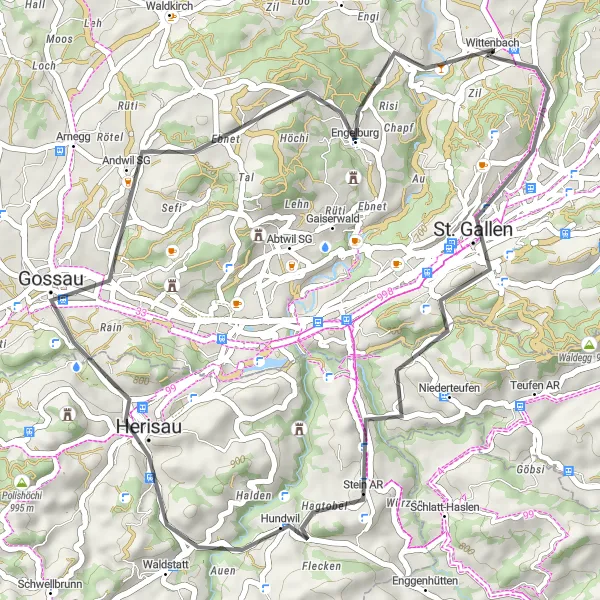 Zemljevid v pomanjšavi "Cikel z zanimivimi razgledi v bližini Wittenbacha" kolesarske inspiracije v Ostschweiz, Switzerland. Generirano z načrtovalcem kolesarskih poti Tarmacs.app