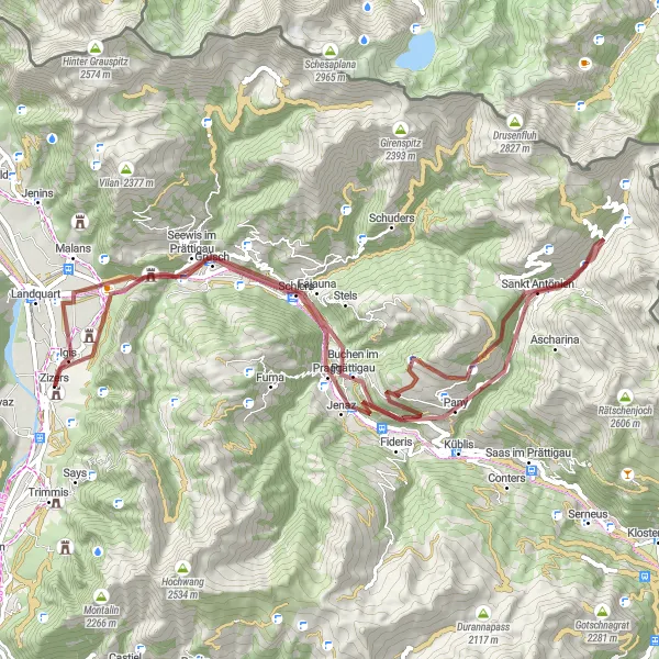 Map miniature of "Zizers - Crupspitz - Burg Castels - Haupt" cycling inspiration in Ostschweiz, Switzerland. Generated by Tarmacs.app cycling route planner