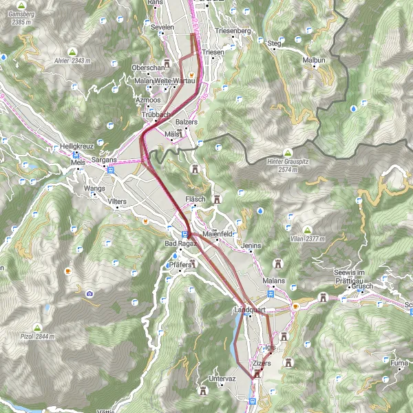 Miniaturní mapa "Gravelová cyklotrasa s piknikovými zastávkami kolem Zizers" inspirace pro cyklisty v oblasti Ostschweiz, Switzerland. Vytvořeno pomocí plánovače tras Tarmacs.app