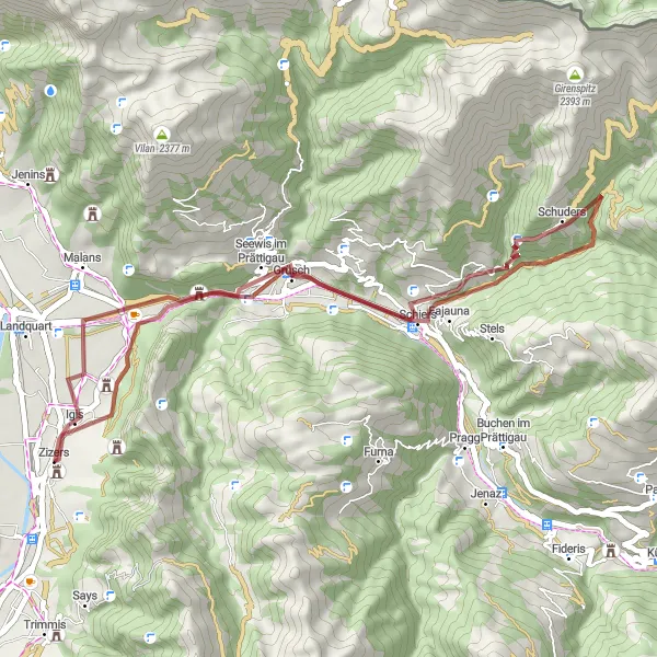 Map miniature of "Zizers - Schuders - Seewis im Prättigau Gravel Route" cycling inspiration in Ostschweiz, Switzerland. Generated by Tarmacs.app cycling route planner