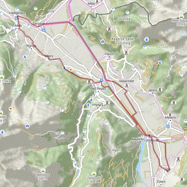 Miniatua del mapa de inspiración ciclista "Ruta de ciclismo de gravilla por Bad Ragaz y Maienfeld" en Ostschweiz, Switzerland. Generado por Tarmacs.app planificador de rutas ciclistas