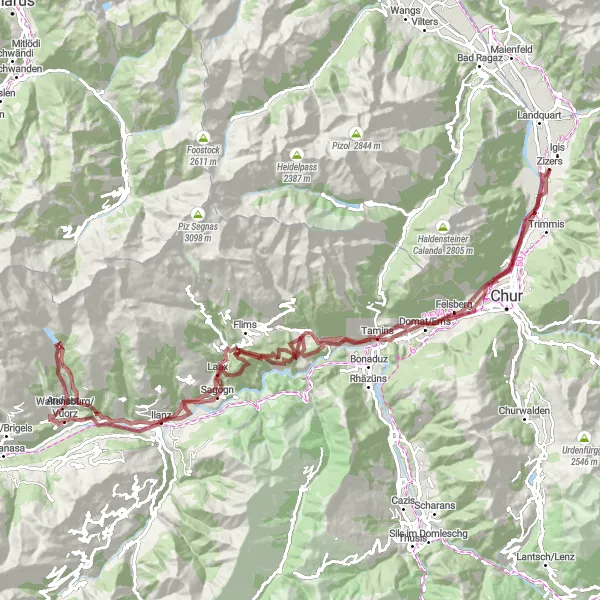 Miniature de la carte de l'inspiration cycliste "L'aventure des gorges du Rhin" dans la Ostschweiz, Switzerland. Générée par le planificateur d'itinéraire cycliste Tarmacs.app