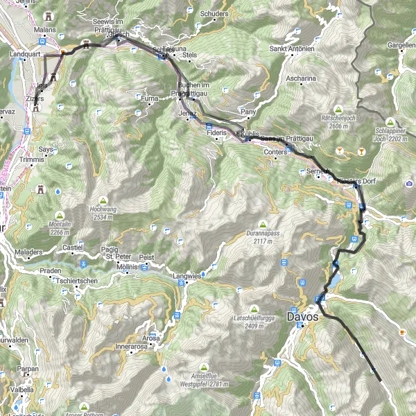 Map miniature of "Zizers - Wolfgang - Klosters Dorf - Grüsch Cycling Route" cycling inspiration in Ostschweiz, Switzerland. Generated by Tarmacs.app cycling route planner