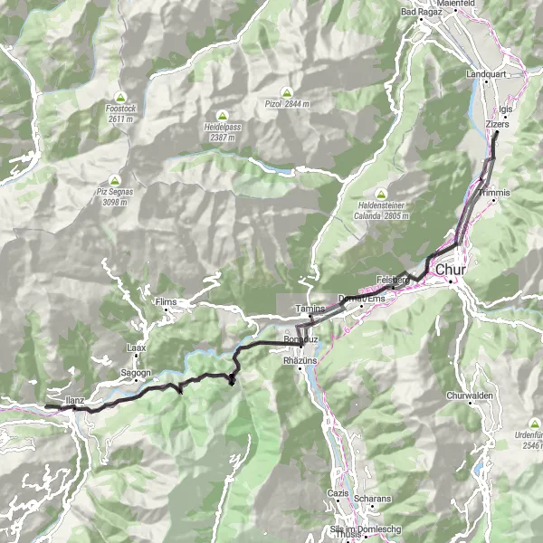 Mapa miniatúra "Kulturná jazda cez Sagogn a Zizers" cyklistická inšpirácia v Ostschweiz, Switzerland. Vygenerované cyklistickým plánovačom trás Tarmacs.app