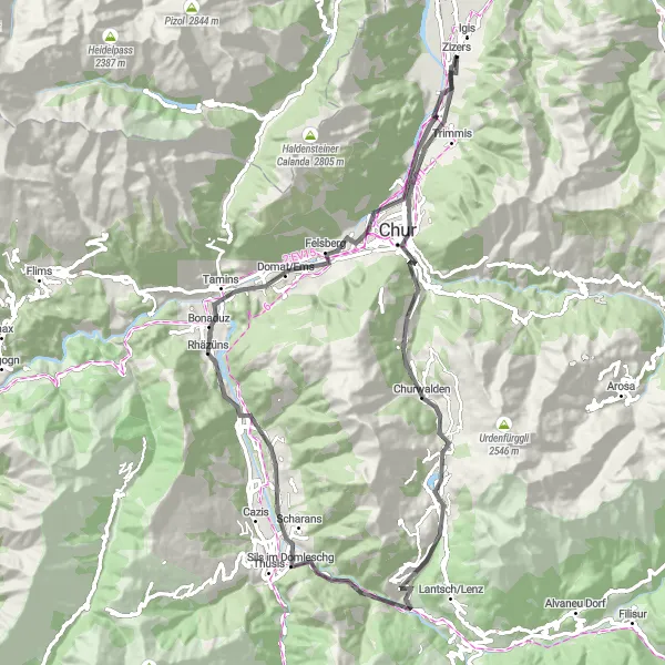 Miniature de la carte de l'inspiration cycliste "Tour de la vallée de la Vorderrhein" dans la Ostschweiz, Switzerland. Générée par le planificateur d'itinéraire cycliste Tarmacs.app