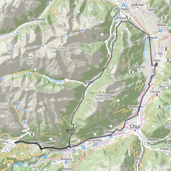 Miniatua del mapa de inspiración ciclista "Desafío en Carretera desde Felsberg a Landquart" en Ostschweiz, Switzerland. Generado por Tarmacs.app planificador de rutas ciclistas