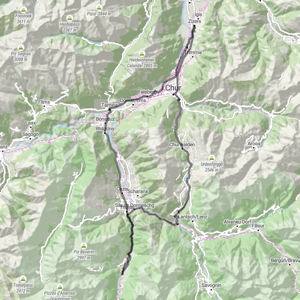 Miniatura mapy "Trasa przez grzbiety Gór San Bernardino" - trasy rowerowej w Ostschweiz, Switzerland. Wygenerowane przez planer tras rowerowych Tarmacs.app