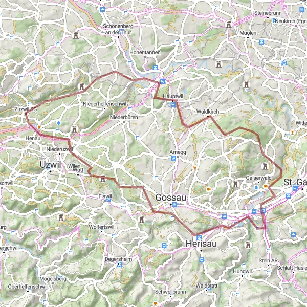Map miniature of "Thur Valley Gravel Adventure" cycling inspiration in Ostschweiz, Switzerland. Generated by Tarmacs.app cycling route planner
