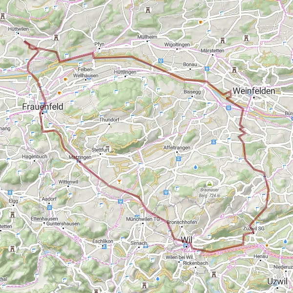 Miniaturekort af cykelinspirationen "Tag på eventyr gennem naturskønne ruter i Thurgau" i Ostschweiz, Switzerland. Genereret af Tarmacs.app cykelruteplanlægger